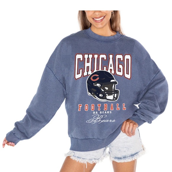New Chicago Bears Blue Vintage Wash Oversized Crewneck Fleece Pullover - Picture 1 of 4